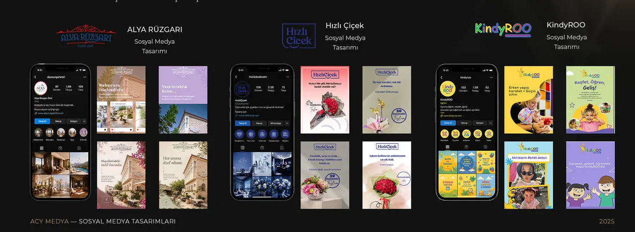 ACY Medya sosyal medya tasarımları — Alya Rüzgarı, Hızlı Çiçek ve KindyROO Instagram akışları